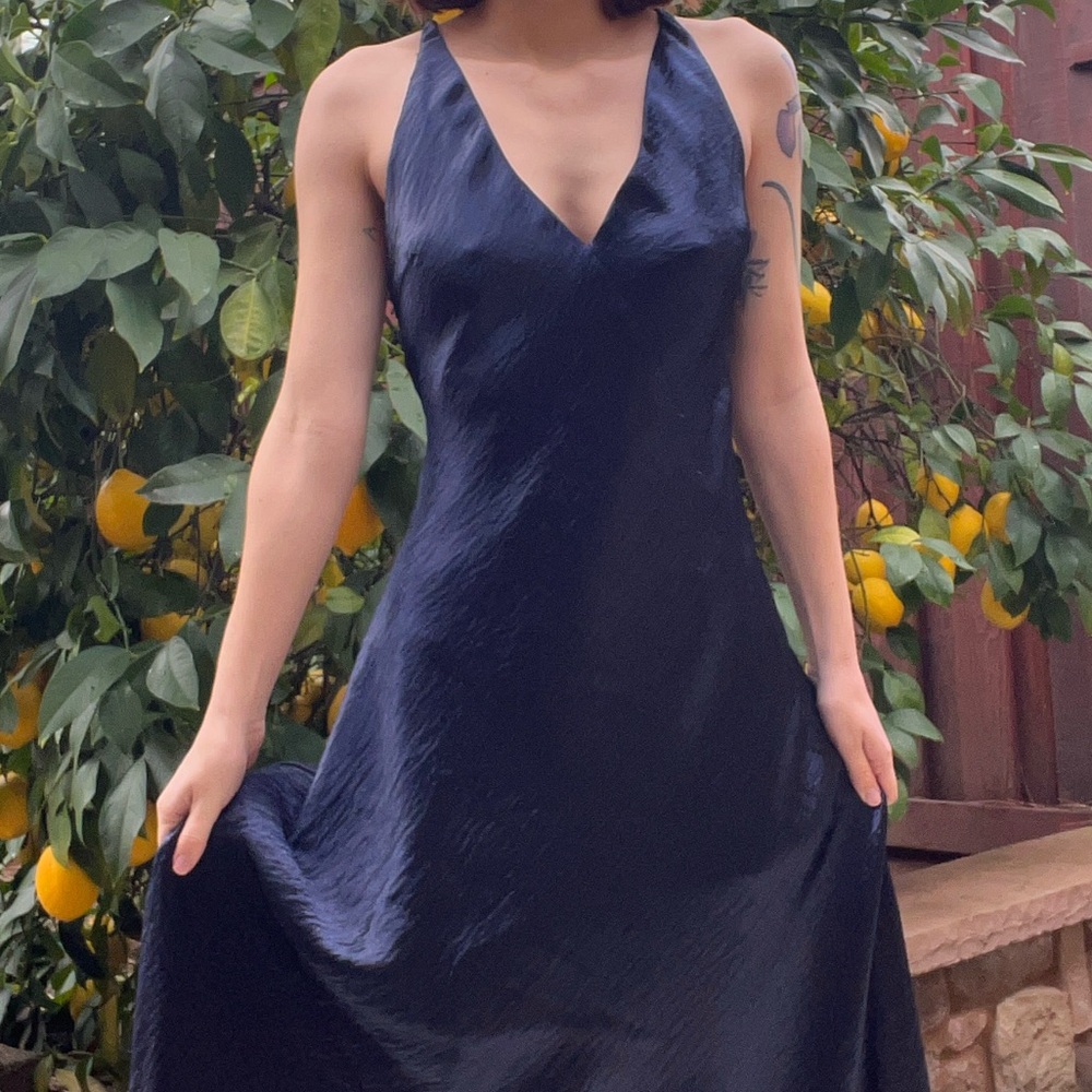 NWT Fame and Partners Navy Satin V-Neck Dress